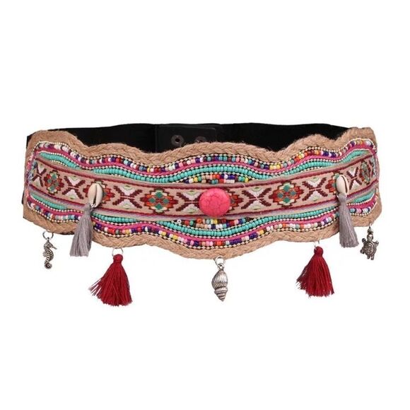 Belts Galaxy Accessories - Sea Shell Boho Colorful Elastic Waist Belt CREAM FUCHSIA with Natural Stones